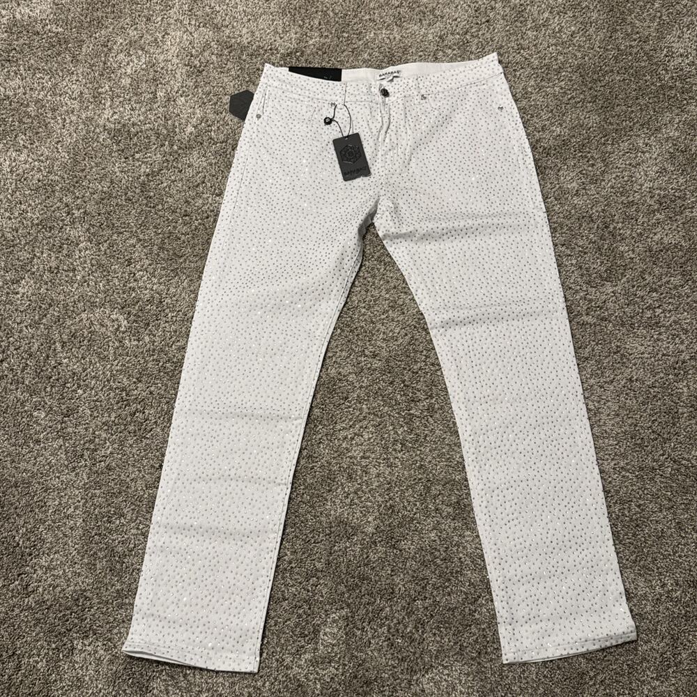 NWT Barabas Men's White Rhinestone Shiny Premium Pants Sz 34 31” Inseam
